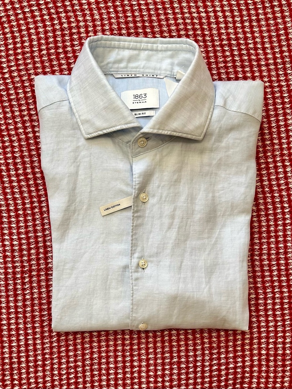 1863 by Eterna Slim Fit Light Blue Button-Down Shirt in Cotton - Linen.